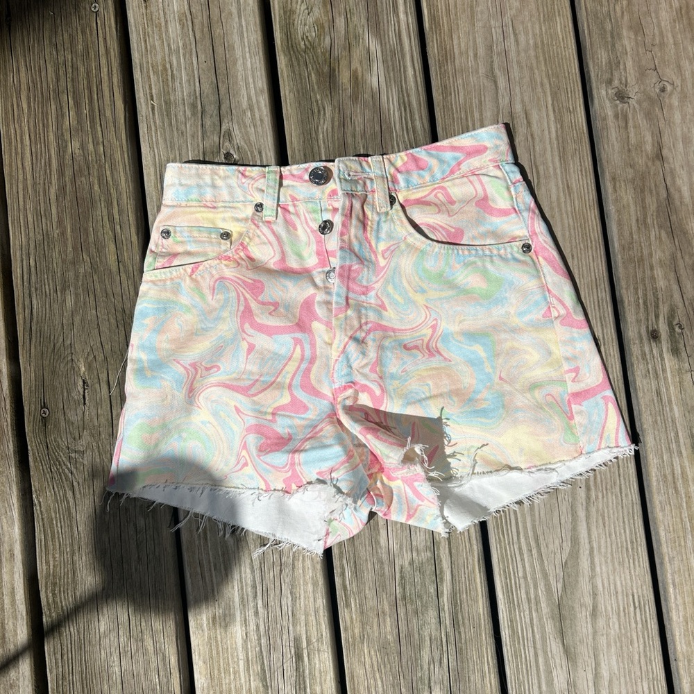 Zara Pink and Blue Jean Shorts High-Waisted Distressed